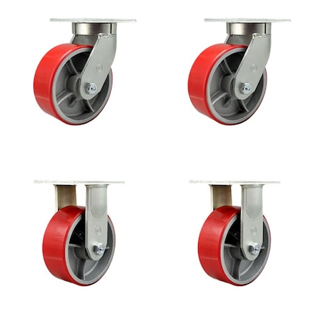 Service Caster 8'' Heavy Duty Red Poly on Cast Iron Wheel Caster Set 2 Swivel 2 Rigid, 4PK CRAN-SCC-KP92S830-PUR-RS-2-R-2